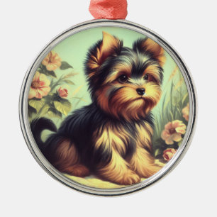 Vintage Yorkshire Terrier Painting Metal Ornament
