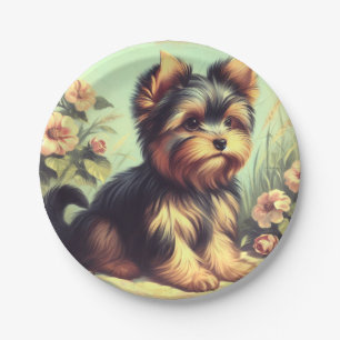 Vintage Yorkshire Terrier Painting Paper Plate