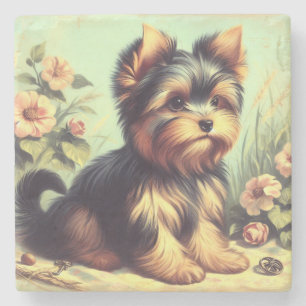 Vintage Yorkshire Terrier Painting Stone Coaster