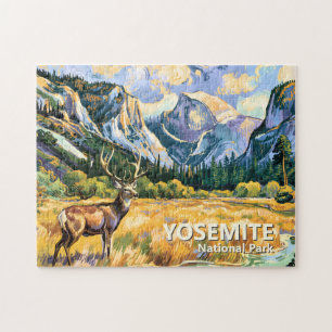 Vintage Yosemite Half Dome Animal Deer Painting Jigsaw Puzzle