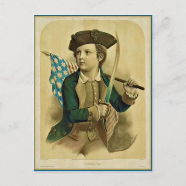 Vintage Young Boy with Flag & Sabre Postcard (Front)