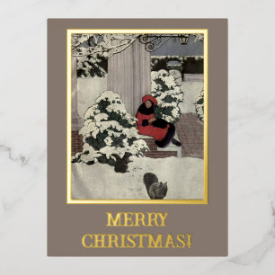 Vintage Young Woman Red Black Christmas Tree Doors Foil Holiday Postcard