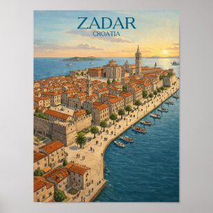 Vintage Zadar Croatia Adriatic Coast Illustration Poster