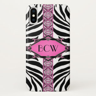 Vintage Zebra Art Deco Pink Diamond Monogram iPhone X Case