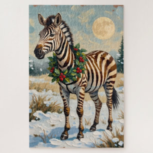 Vintage Zebra in Snowy Christmas Field Jigsaw Puzzle