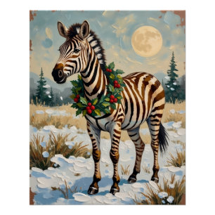 Vintage Zebra in Snowy Christmas Field Poster