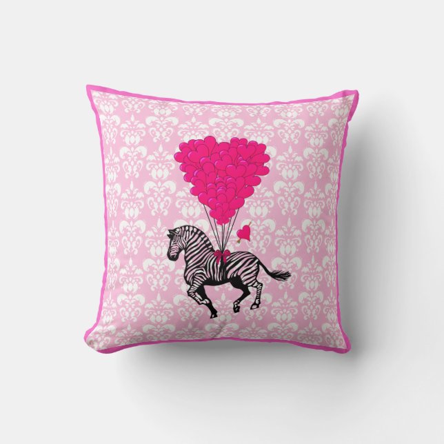 Vintage zebra & pink  heart balloons cushion (Front)