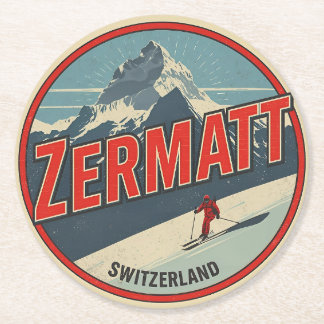 Vintage ZERMATT ski Switzerland nature gifts Round Paper Coaster
