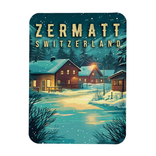 Vintage Zermatt, Switzerland: Snowy Alps at Night Magnet (Vertical)