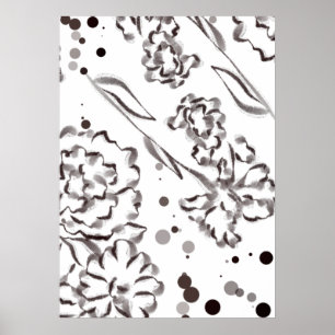 Vintage Zinnia Flowers Drawing Poster