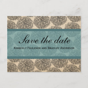 Vintage Zinnia Save the Date Postcard, Teal Announcement Postcard