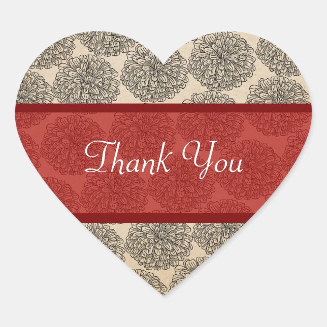 Vintage Zinnia Thank You Stickers, Red Heart Sticker (Front)