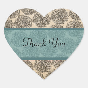Vintage Zinnia Thank You Stickers, Teal Heart Sticker
