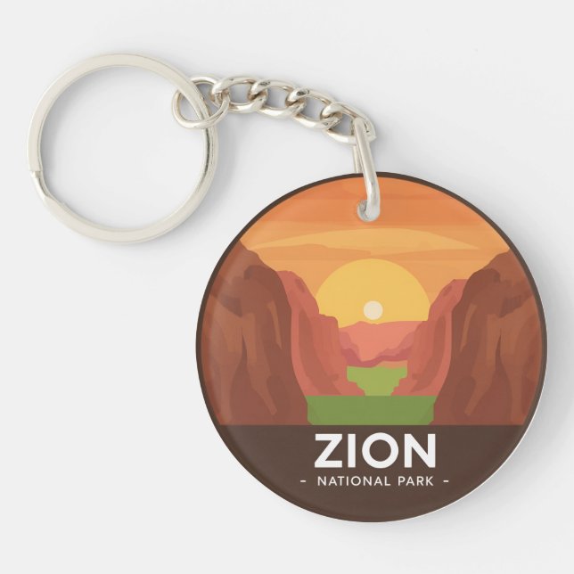 Vintage Zion National Park Sunset Key Ring (Front)