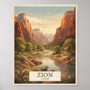 Vintage Zion Utah Travel Poster Red Rock Canyon