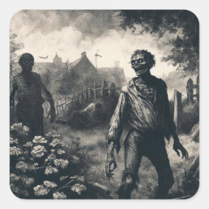 Vintage Zombie Etching Horror Spooky Undead Square Sticker