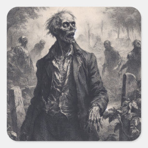 Vintage Zombie Etching Horror Spooky Undead Square Sticker