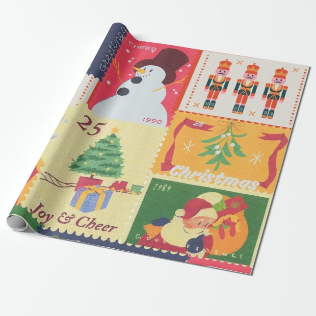 VintageChristmas Postal Stamps  Wrapping Paper (Unrolled)