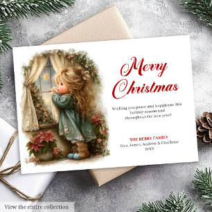 Vintageish Little Girl Awaits Santa Digital   Holiday Card
