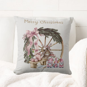 VintagePink Holiday Gnomes and Wagon Wheel Cushion