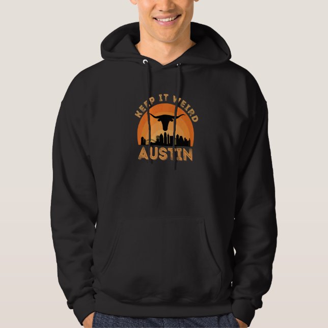 Vintge Austin Texas Keep It Weird Longhorn Sunset Hoodie (Front)