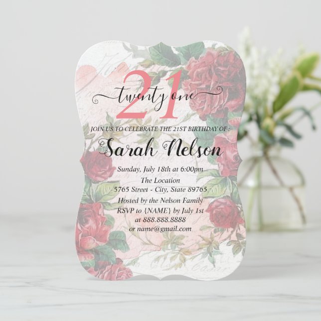 Vinttage Red Roses 21 Birthday Invitation (Standing Front)