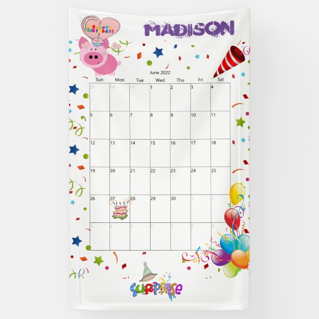Vinyl Happy Birthday Calendar June 2022  Banner (Vertical)