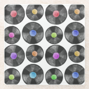 Vinyl LP Records Retro Illustration Glass Coaster