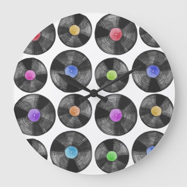 Vinyl LP Records Retro Illustration Large Clock (Front)