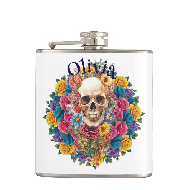 Vinyl Petaca skull and flowers Hip Flask (Front)