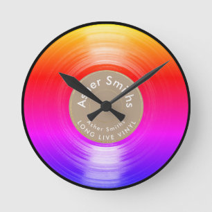 vinyl record, a colourful round clock