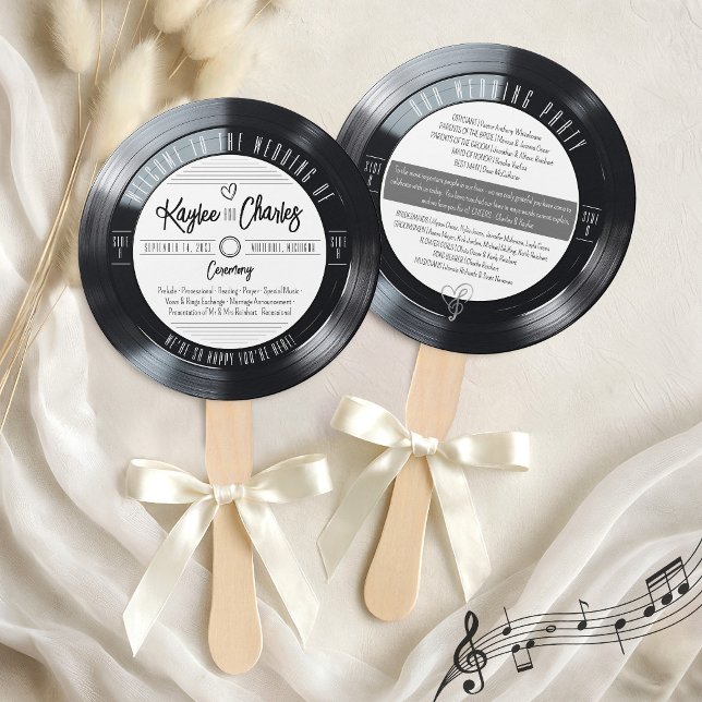 Vinyl Record Black and White Retro Wedding Program Hand Fan (Unique Black & White Vinyl Record Retro Vintage Fun Wedding Ceremony Program Service Order Hand Fans)