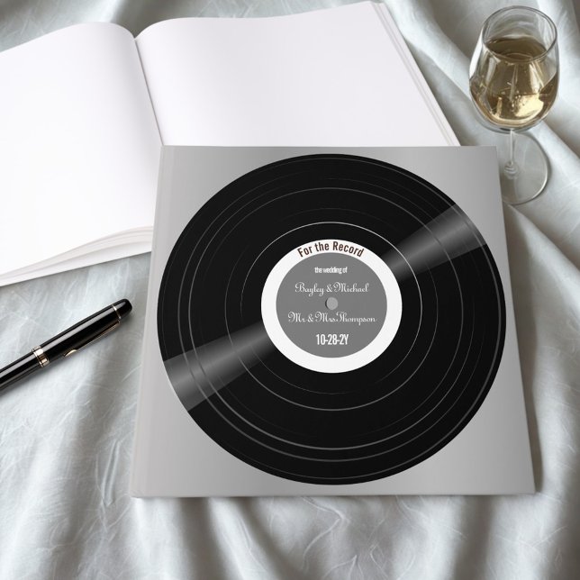 Vinyl Record Black and White Wedding Guest Book (Personalized vinyl record square wedding guestbook.)