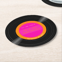 Vinyl Record Disco Hot Pink Orange Custom Round Paper Coaster