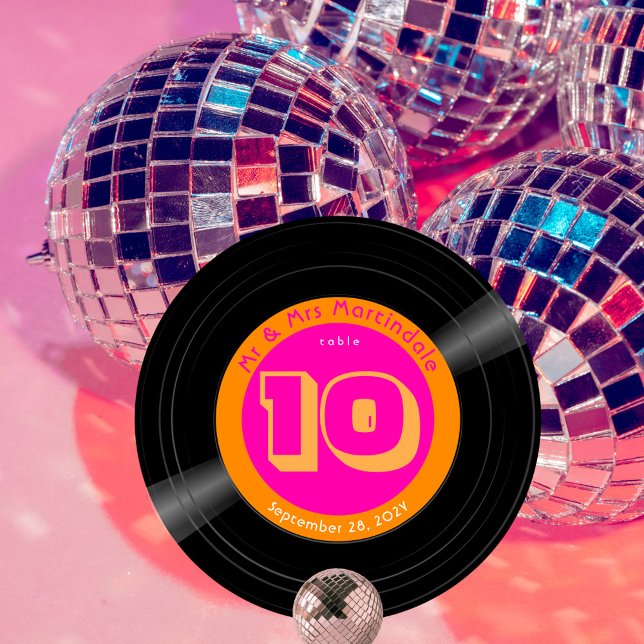 Vinyl Record Disco Hot Pink Orange Table Number (Disco vinyl record style wedding table number hot pink and orange)