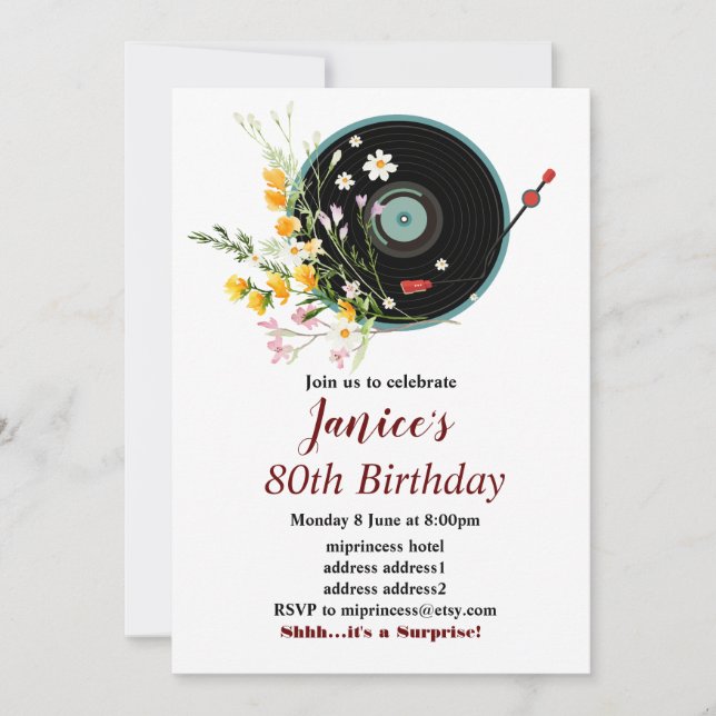 Vinyl Record, floral, Oldies Rustic, women music Invitation (Front)