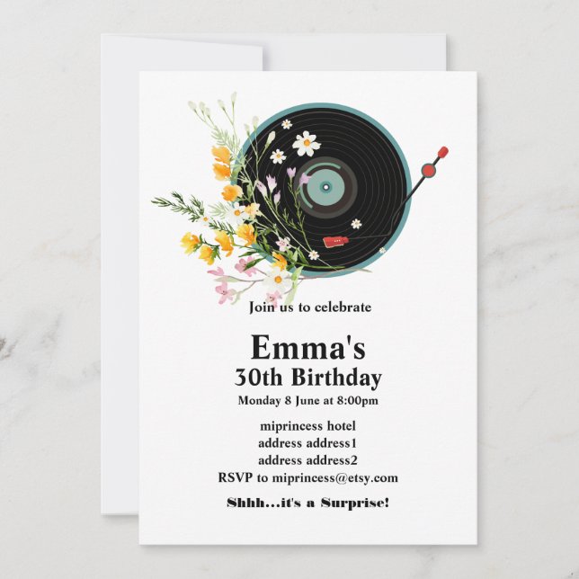 Vinyl Record,  Oldies Rustic music, flowers, adult Invitation (Front)