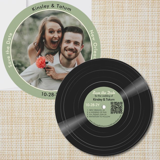 Vinyl Record Photo Green Wedding Save the Date  (A round retro vinyl record wedding save the date with your photo and QR code. Soft green label)