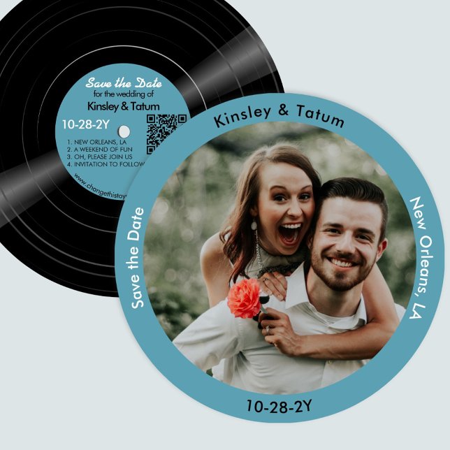 Vinyl Record Photo Save the Date Retro Blue (Vintage Vinyl Record Photo Save the Date in Vintage Blue)