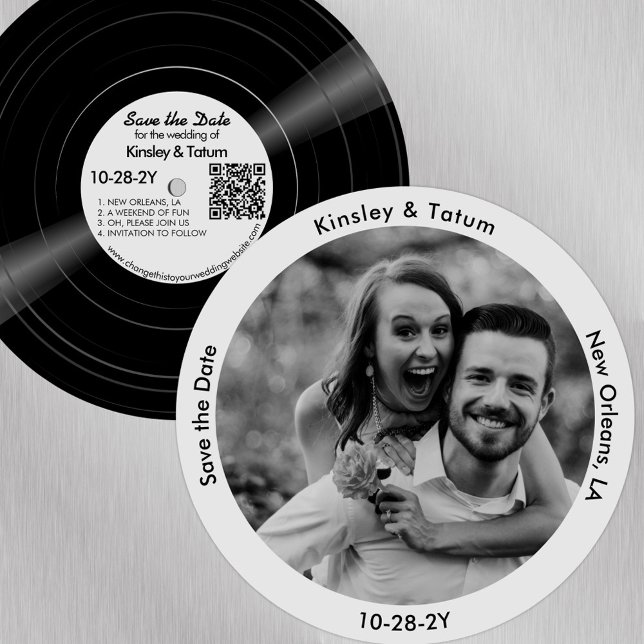 Vinyl Record Photo Save the Date Soft Grey (Vinyl record paper save the date with your photo. Soft grey label)