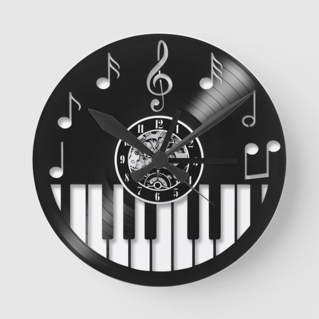 Vinyl record piano and music elements round clock (Front)