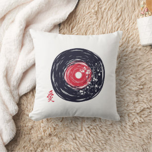 Vinyl Record Retro Grunge With Sakura Blossoms Cushion