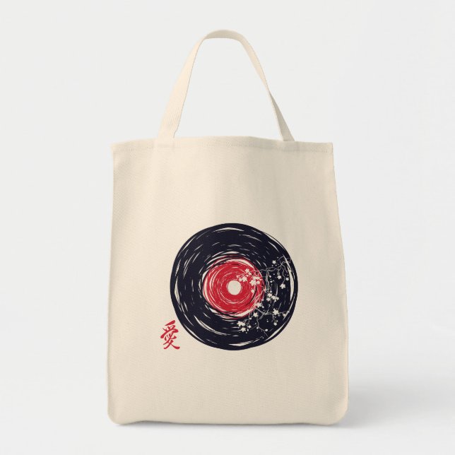 Vinyl Record Retro Grunge With Sakura Blossoms Tote Bag (Front)