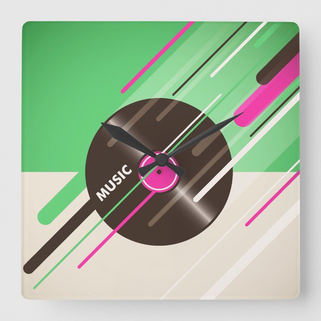 Vinyl Record  Square Wall Clock (A colorful clock design featuring a vinyl record with bold "Music text!)
