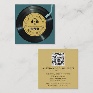 Vinyl Record Store Player Midnight Green & Mustard Square Business Card
