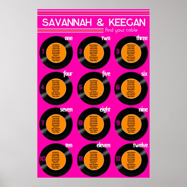 Vinyl Record Wedding Hot Pink Seating Plan Poster  (Front)