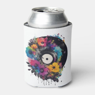 Vinyl record with colourful flowers can cooler