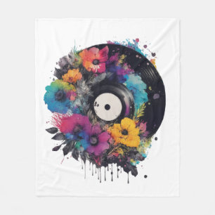 Vinyl record with colourful flowers fleece blanket