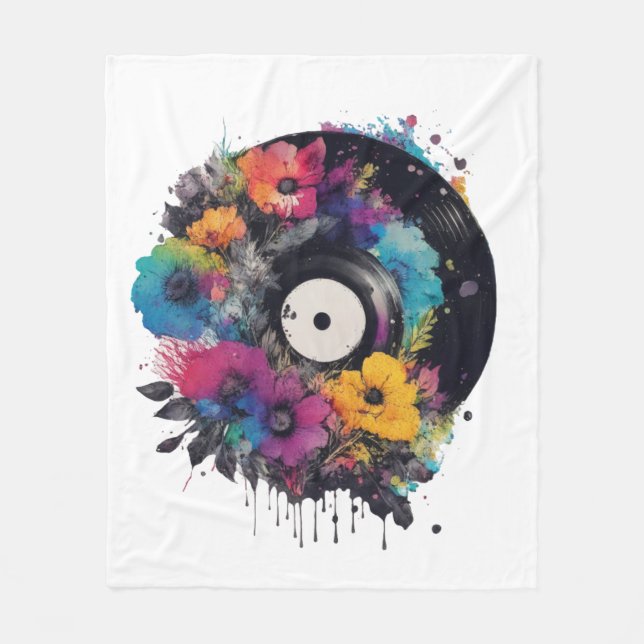 Vinyl record with colourful flowers fleece blanket (Front)
