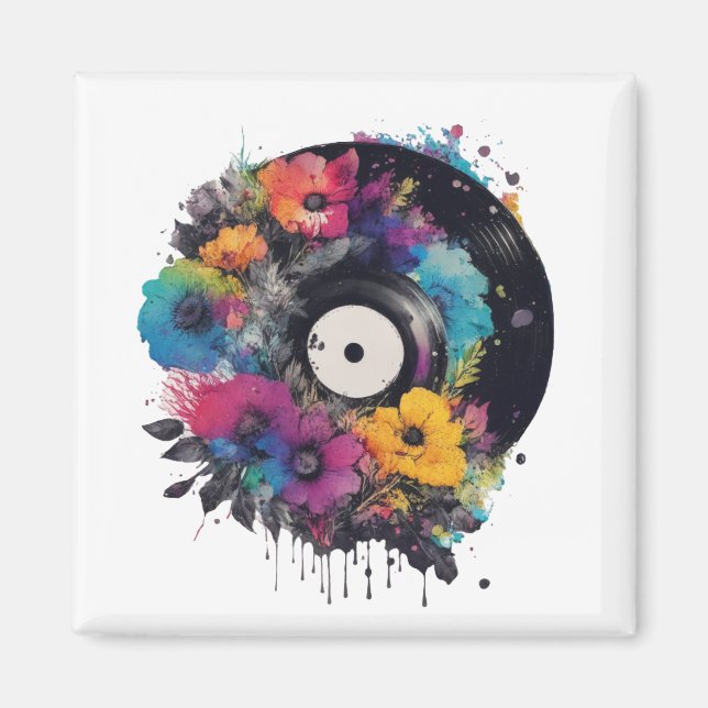 Vinyl record with colourful flowers magnet (Front)
